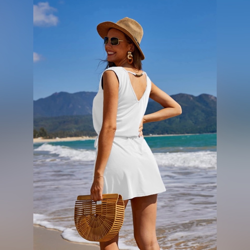 Victoria's Secret White Swim Coverup Dress EUC Open Back Beaded Tie Waist Cotton